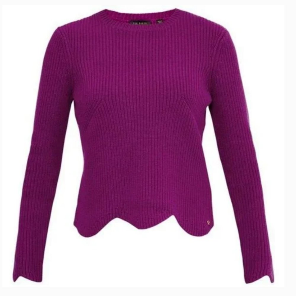 Ted Baker Finda Scallop Edge Ribbed Sweater deep purple pink size 1